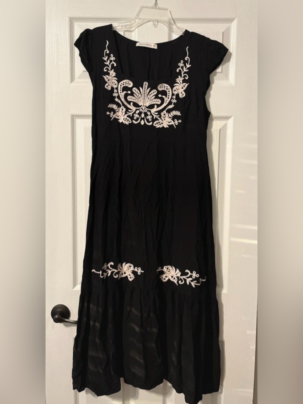 Black Maxi Dress with Cream Floral Embroidery
